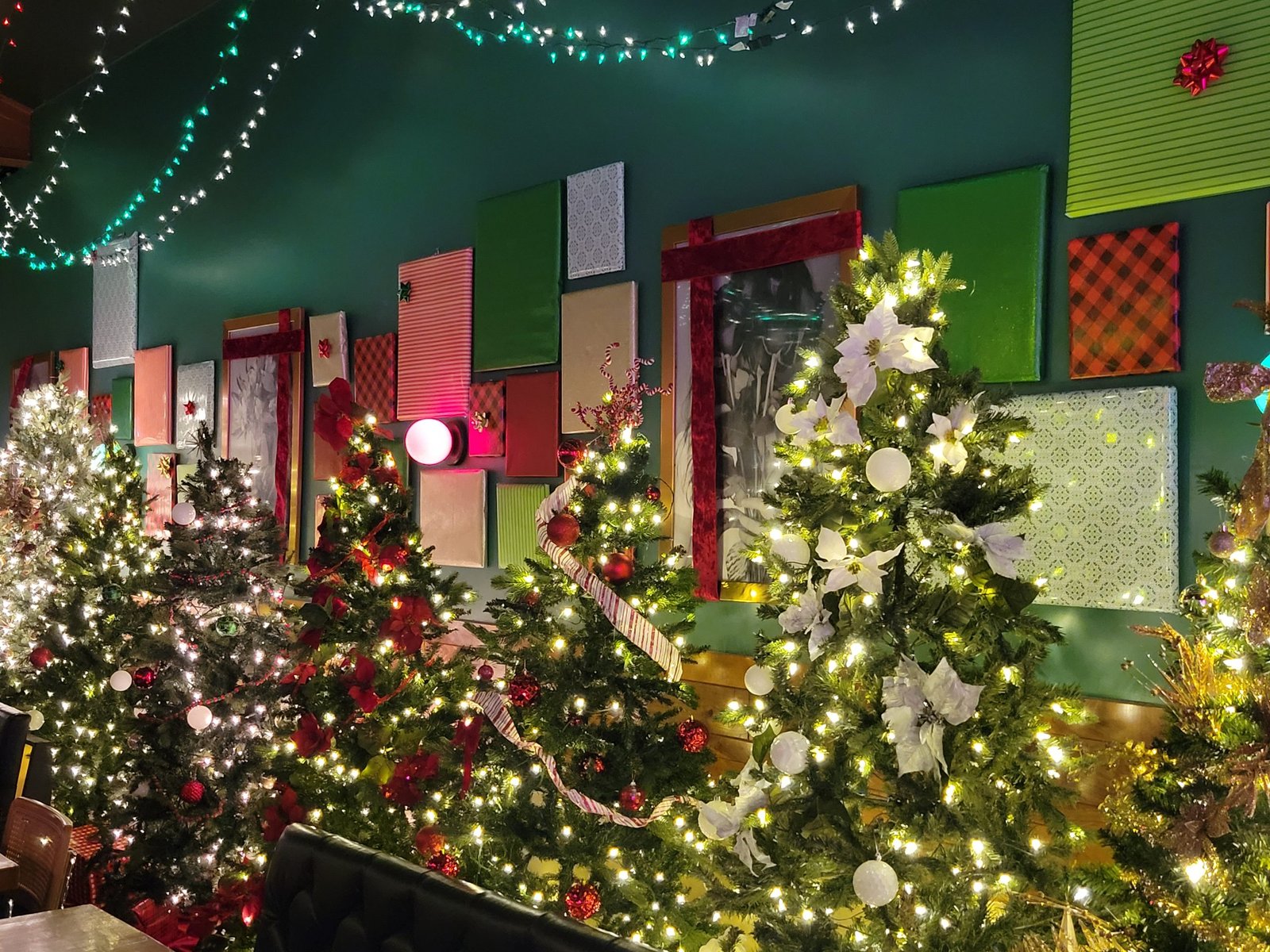 Empty bar after a late December hospitality shift during the holidays
